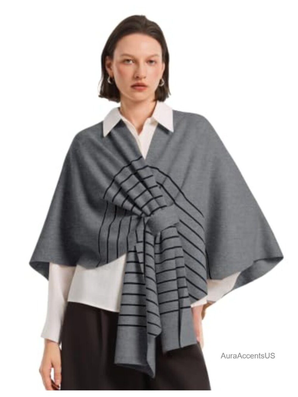 Women Striped Poncho Sweater Knit Shawl Wrap Blanket Cardigan One Size